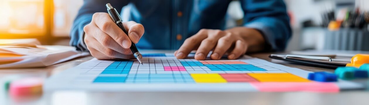 An engineer is using a pen to checking on the safety risk assessment with color matrix form to evaluate the risk level Industrial ot business working scene