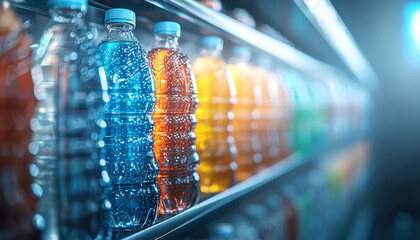 Refreshing beverages in colorful bottles displayed in vending machine, inviting thirst