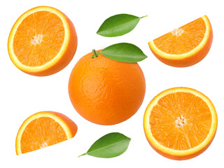 Orange fruit with leaves, half and slices isolated, transparent PNG, collection, PNG format.