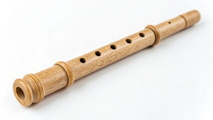 Naklejka premium Close-up of a handcrafted wooden flute with finger holes, showcasing traditional design and smooth polished finish for acoustic use.