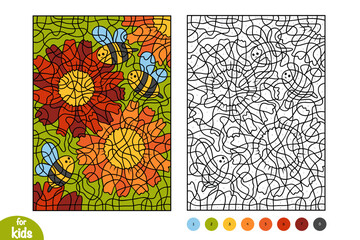 Bees and flowers. Color by number, education game for kids