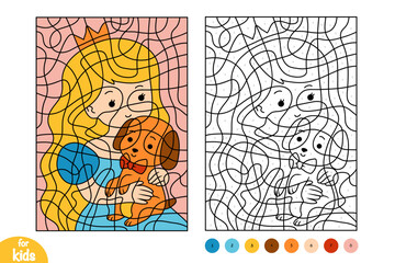 Princess and cute dog. Color by number, education game for kids