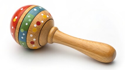 Close-up of a painted wooden maraca rattle with colorful polka dot design, commonly used as a toy or musical instrument.