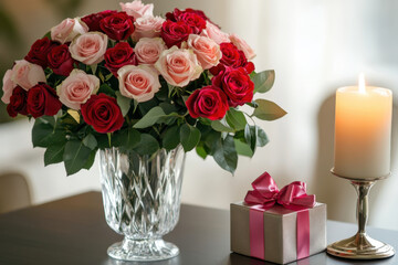 Obraz premium Luxurious bouquet of red and pink roses in a crystal vase, elegantly displayed on a table with a glowing candle and a wrapped gift box. Concept of romance, elegance, and special celebrations.