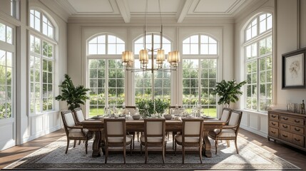 Brightly lit dining room features large windows and table