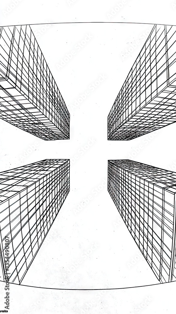 Poster low angle view of wireframe buildings converging, abstract urban design with empty sky for architect