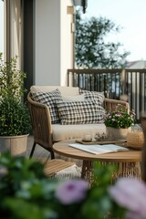 Fototapeta premium Cozy terrace with big table, garden chair, plaid, plants in flowerpots
