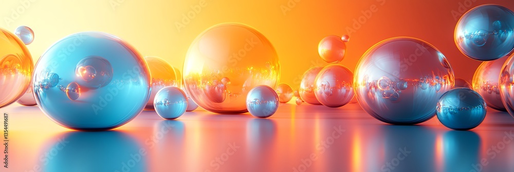 Poster floating metallic spheres reflecting light creating a modern abstract background