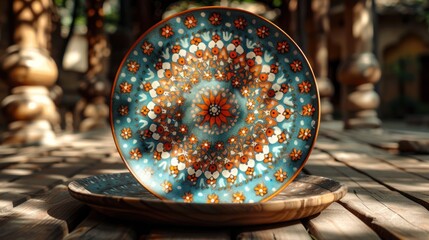 Ornate, decorative plate with a teal blue background and intricate floral designs in warm colors, displayed on a wooden platter.