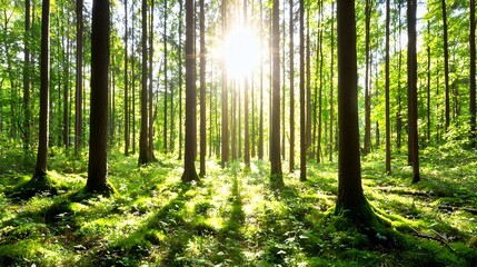 Obraz premium Lush Forest Sunlight Through Trees Natural Greenery Landscape Scenery Environment