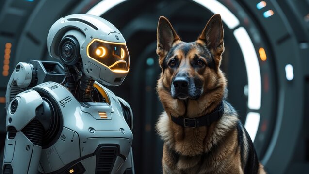 A futuristic robotic companion and a German Shepherd dog standing side by side in a high-tech environment with glowing circular lights