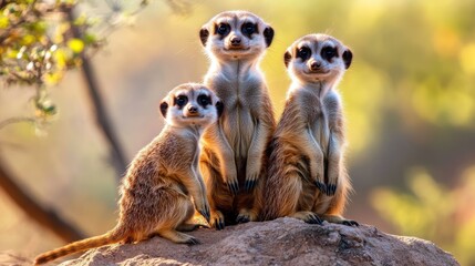 Obraz premium Three meerkats on rock, sunlight, African savanna, wildlife, photo