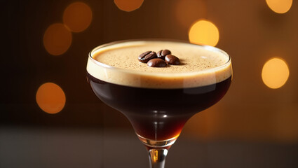 Elegant coffee cocktail with beans on a bokeh background  