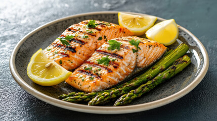 Grilled salmon fillets served with asparagus and lemon wedges create delicious and healthy meal