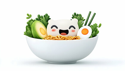 Happy cartoon character in a bowl of noodles, avocado, egg, and greens