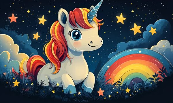 unicorn surrounded by stars and a rainbow