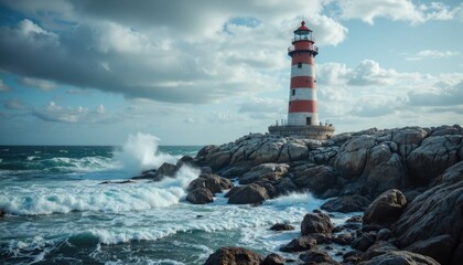 Obraz premium Colorful lighthouse standing on rocky shore against stormy sea 