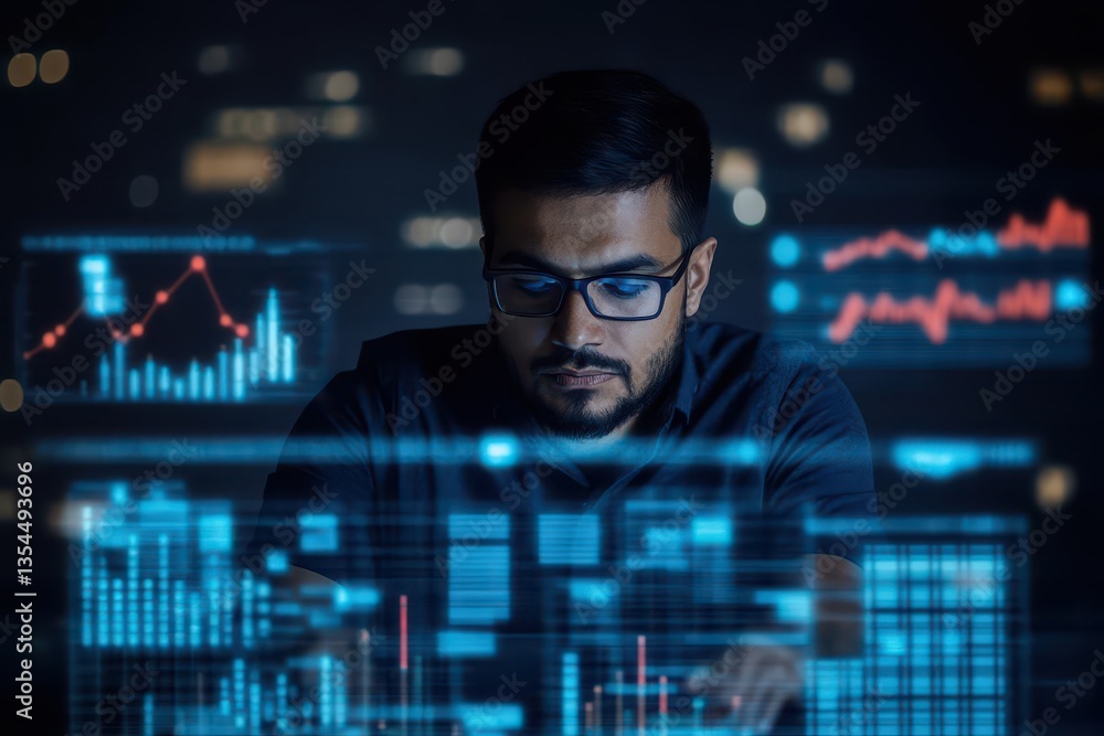 Poster analyzing data in a modern office businessman working on a digital graph analysis