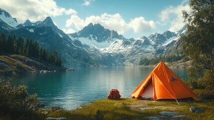 Orange tent by serene lake under majestic mountains  