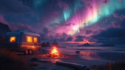 Northern Lights illuminating a cozy campsite by the water  