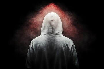 Hooded Figure in Smoky Red Backlit Scene.