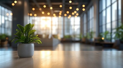 Tranquil Indoor Plant on Wooden Table in Modern Office Setting