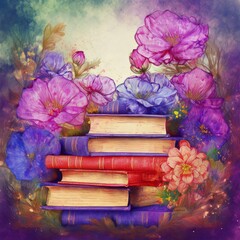 illustration of beautiful books with copy space, hobby reading concept background graphic resource