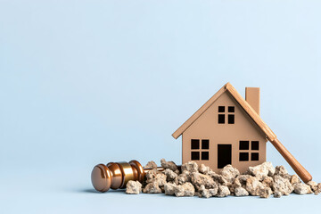 House model, gavel, and rubble on blue background