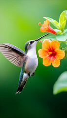 Fototapeta premium Hummingbird in flight, feeding from an orange flower