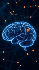 Fototapeta premium Illuminated 3D brain model with highlighted area, networked