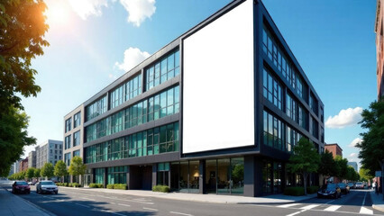 Modern glass center building in a busy area of the city with white blank banner mockups for advertising and promotion on the sides of the building. Visualization of your advertisement