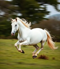 Obraz premium White horse galloping full speed, mane and tail flowing, freedom, nature, animal