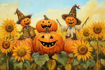 Smiling pumpkin patch scarecrows sunflowers autumn harvest
