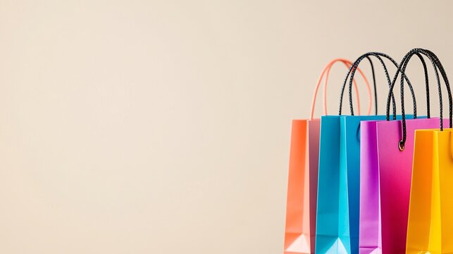 Colorful Shopping Bags in a Row on Neutral Beige Background Symbolizing Retail Therapy and Consumerism