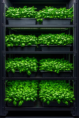 Indoor vertical farm with lush green basil plants in individual containers on metal shelves under artificial grow lights