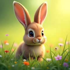 Obraz premium Realistic Close-Up of a Brown Bunny Sitting in a Fresh Green Meadow