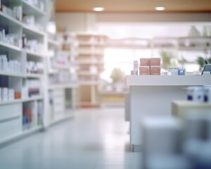 Blurred Pharmacy Interior Shelves, Counter & Medicines in Background