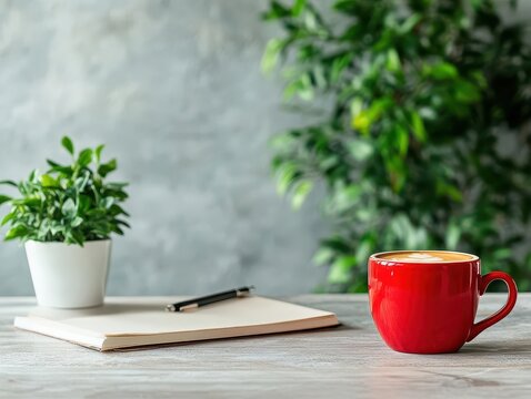 angestellte am schreibtisch mit einer roten tasse