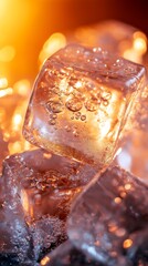 Ice cubes glistening in warm light during a drink preparation