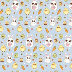 A seamless, repeating pattern featuring cute, cartoon-style Easter-themed elements