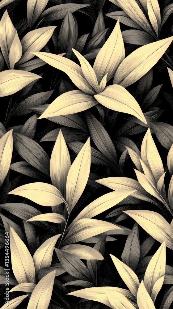 Poster a monochromatic pattern featuring intricately detailed leaves against a dark background, creating a 