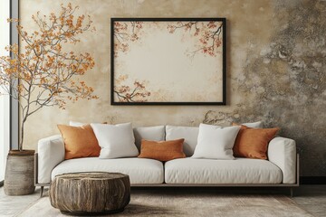 Modern living room showcases a white couch with accent pillows