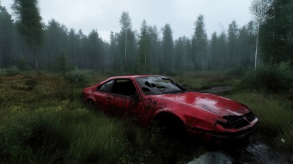 Red car wreck in a misty forest.  A damaged red coupe is stranded in a swampy clearing, amidst tall grass and trees, on a gloomy day