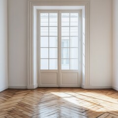 Bright spacious room featuring french doors and herringbone wood floor