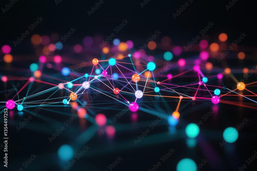 Poster Animation of a growing network of connections with nodes on a black background