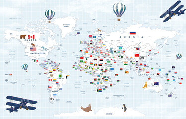 World map with country flags, educational geography poster, travel-themed wall art, kids room decor, global nations, illustrated, colorful, informative © csinie1