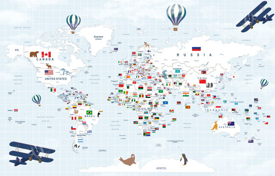 Fototapeta World map with country flags, educational geography poster, travel-themed wall art, kids room decor, global nations, illustrated, colorful, informative