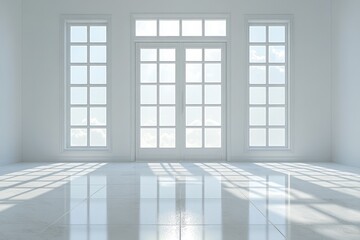 Bright white room features large windows casting light on floor