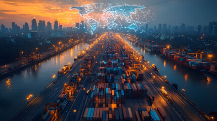 Global Shipping and Logistics at Sunset with Digital World Map Overlay