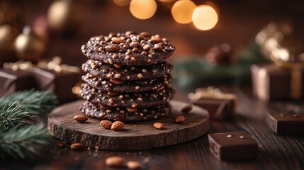 Stack of chocolate cookies with almonds and sprinkles. Festive and delicious holiday treats